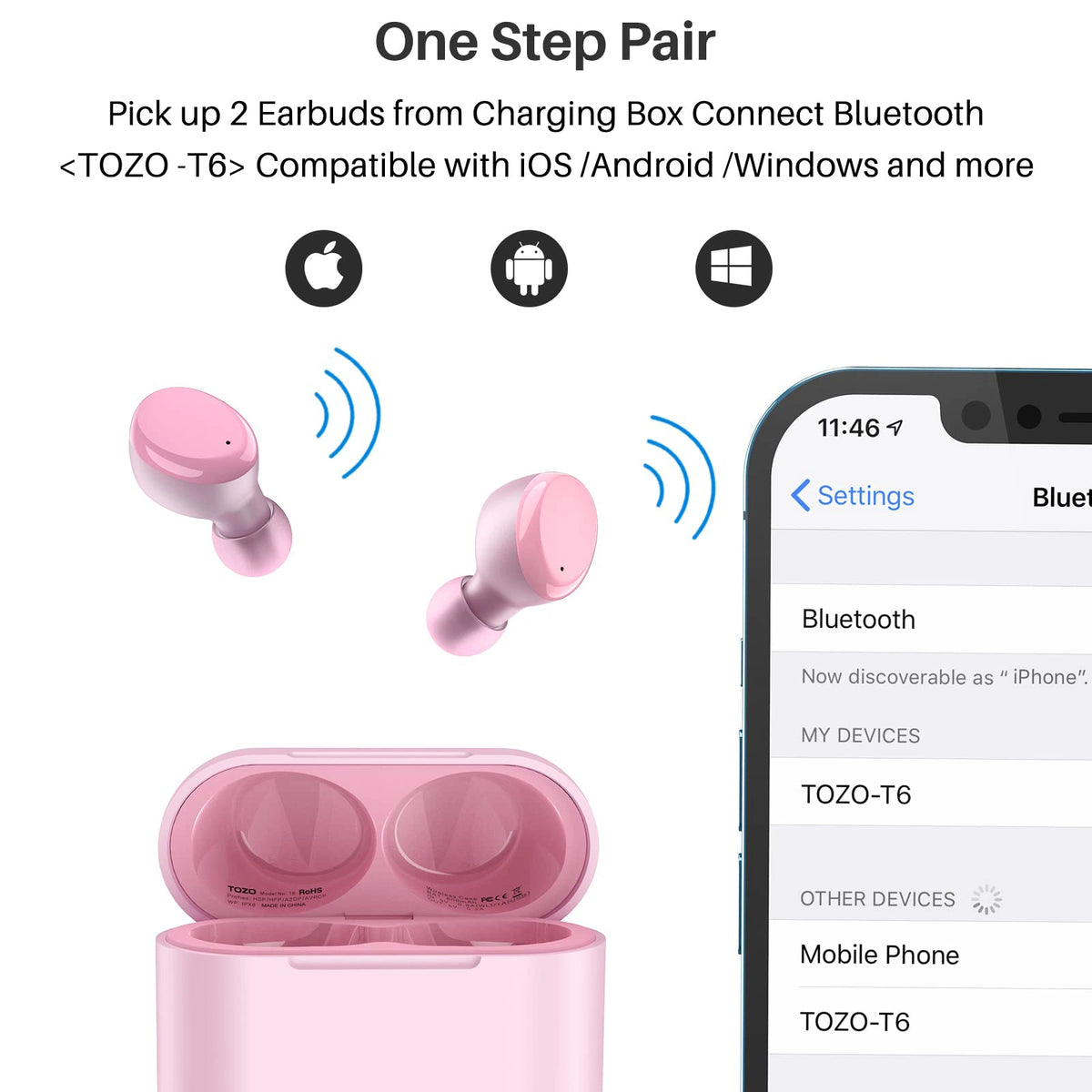 TOZO T6 True Wireless Earbuds Bluetooth 5.3 Headphones Touch Control with Wireless Charging Case IPX8 Waterproof Stereo Earphones in-Ear Built-in Mic Headset Premium Deep Bass