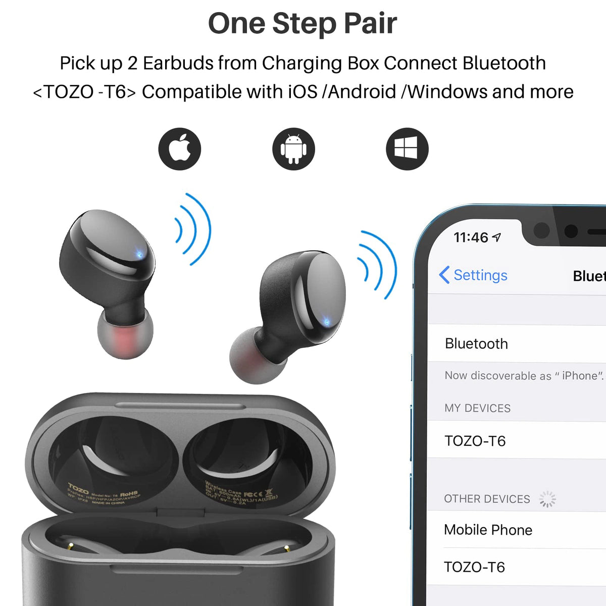 TOZO T6 True Wireless Earbuds Bluetooth 5.3 Headphones Touch Control with Wireless Charging Case IPX8 Waterproof Stereo Earphones in-Ear Built-in Mic Headset Premium Deep Bass