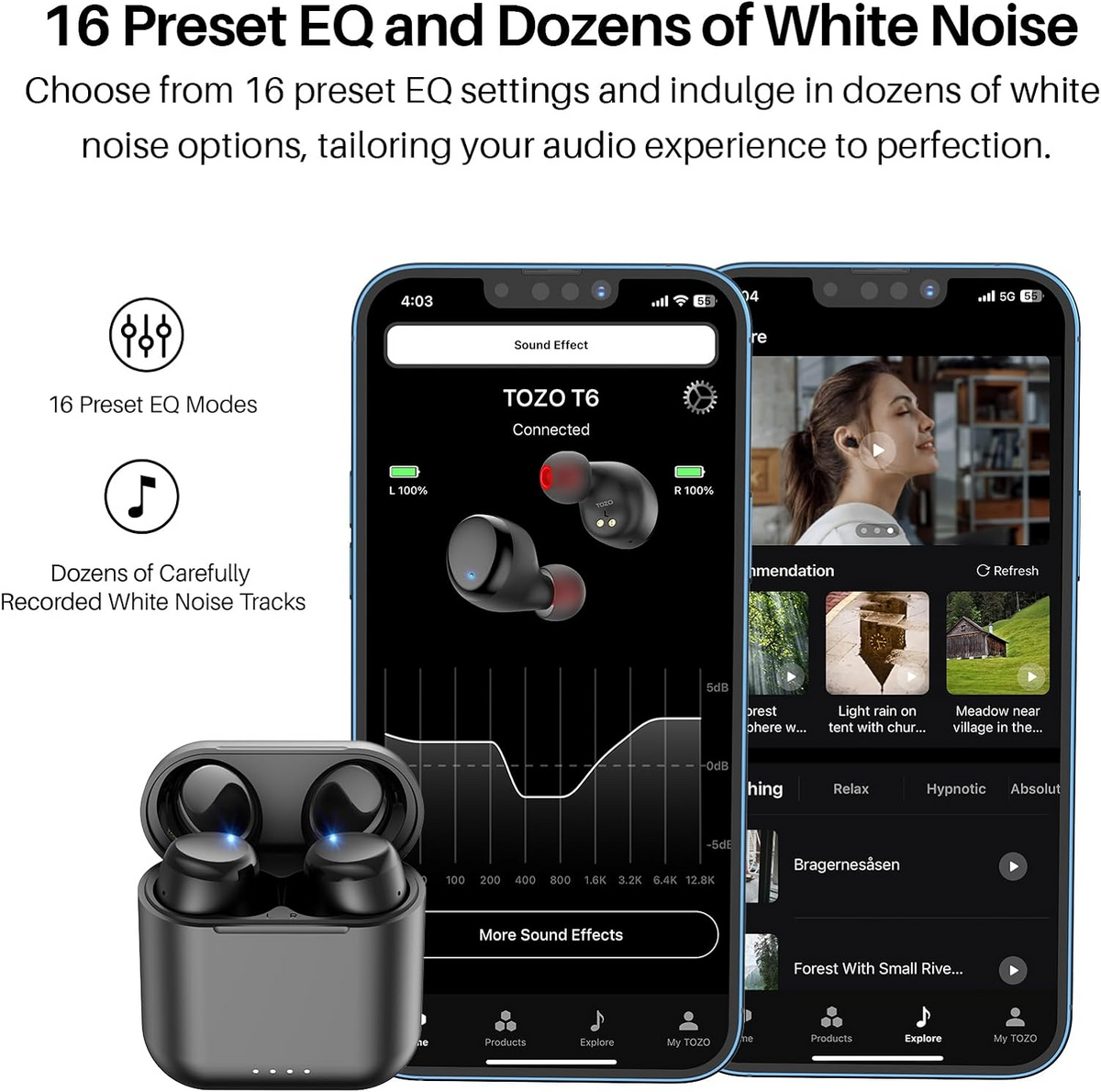 TOZO T6 True Wireless Earbuds Bluetooth 5.3 Headphones Touch Control with Wireless Charging Case IPX8 Waterproof Stereo Earphones in-Ear Built-in Mic Headset Premium Deep Bass