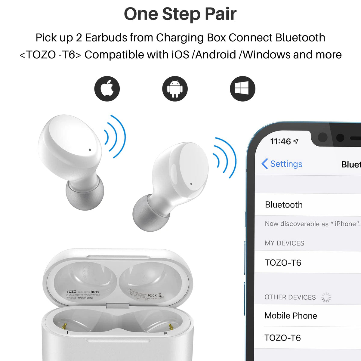 TOZO T6 True Wireless Earbuds Bluetooth 5.3 Headphones Touch Control with Wireless Charging Case IPX8 Waterproof Stereo Earphones in-Ear Built-in Mic Headset Premium Deep Bass