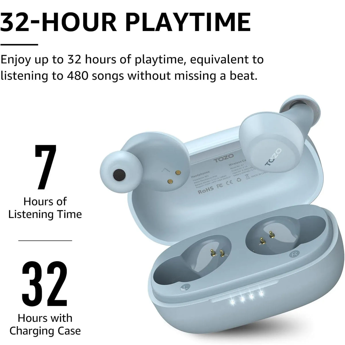 tozo a1 earbuds blue 32 hour playtime