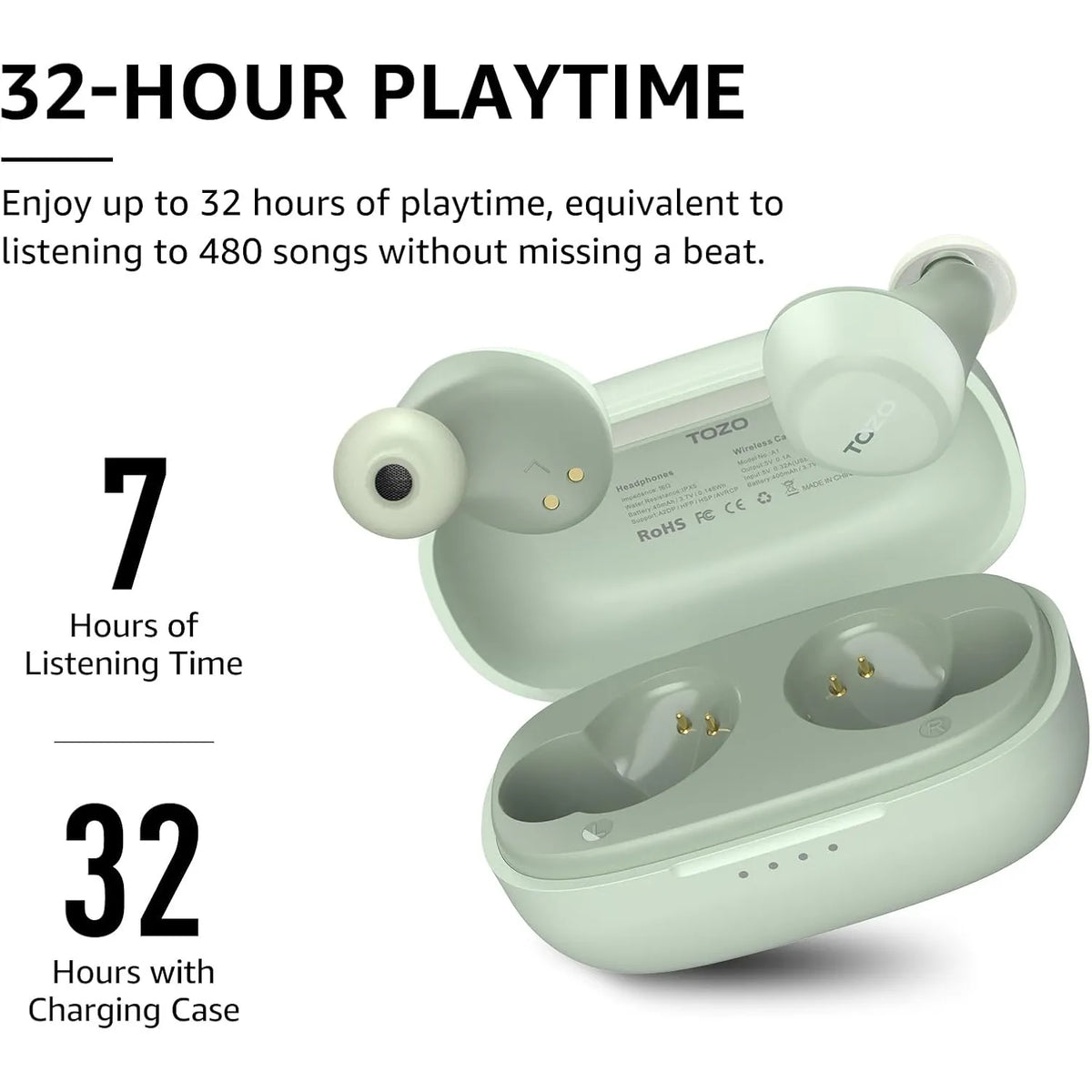 tozo a1 earbuds green 32 hour playtime