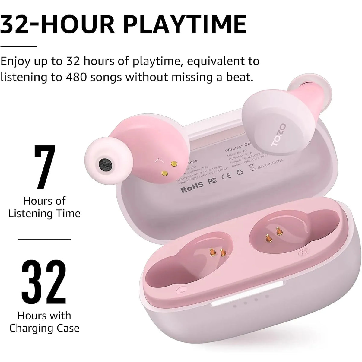 tozo a1 earbuds rose gold 32 hour playtime