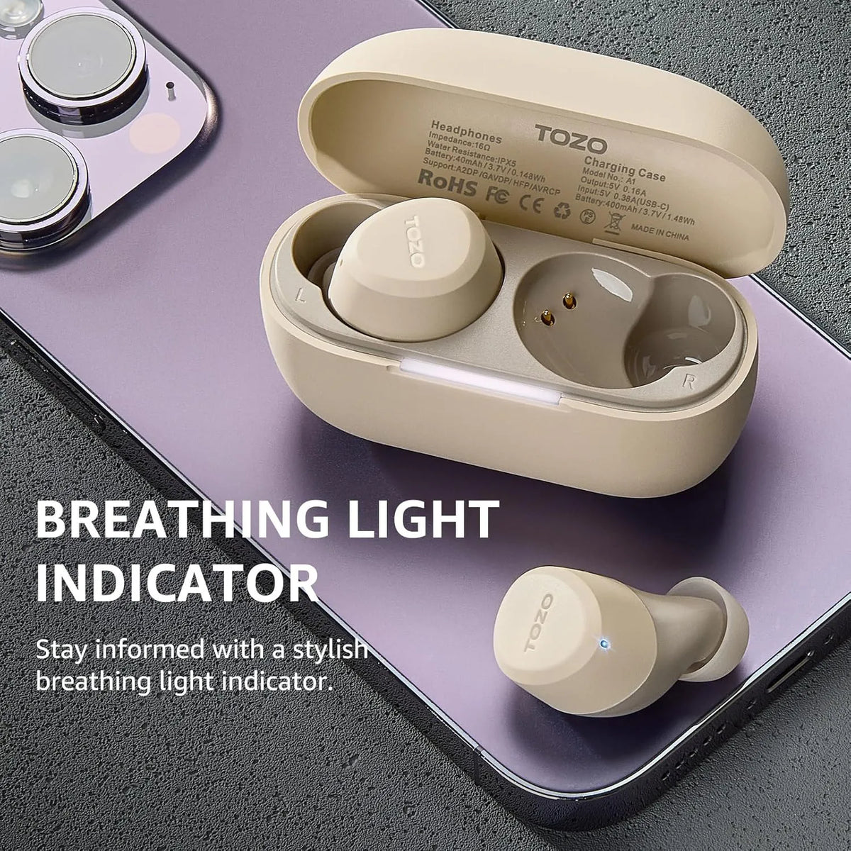 TOZO a1 light khaki breathing light indicator