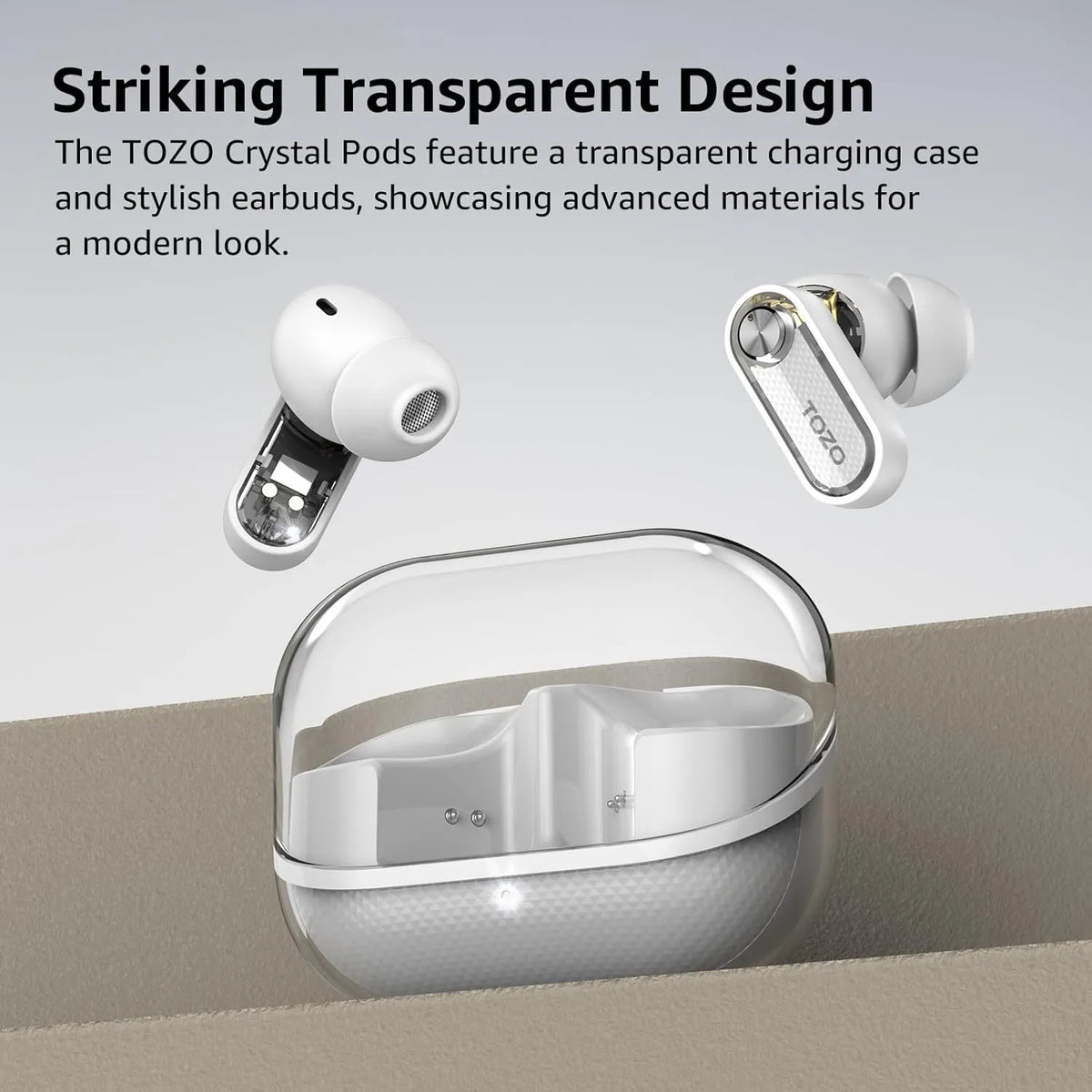 TOZO crystal pods earbuds white striking transparent design