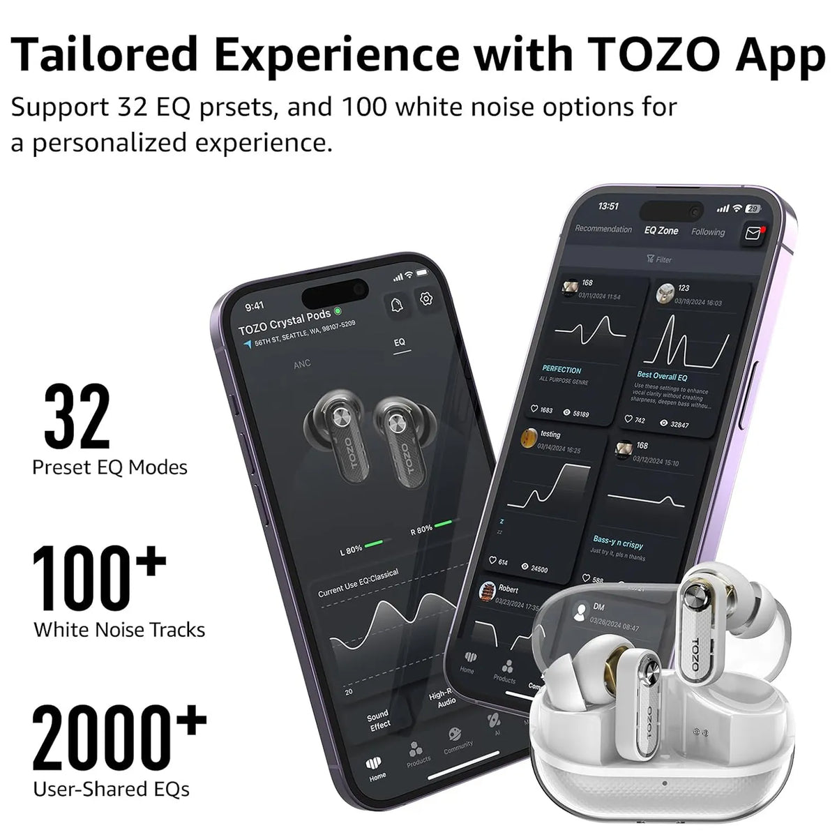 TOZO crystal pods earbuds white app