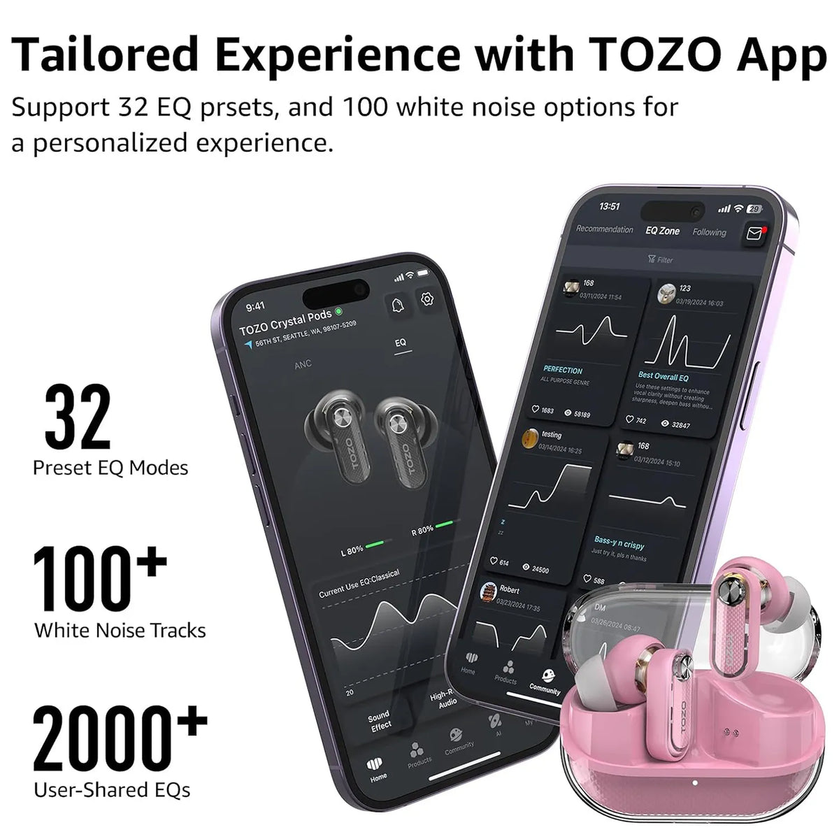 TOZO crystal pods pink tailored experience with tozo app