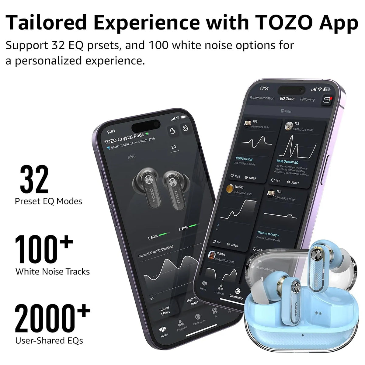 TOZO crystal pod blue tailored experience with tozo app