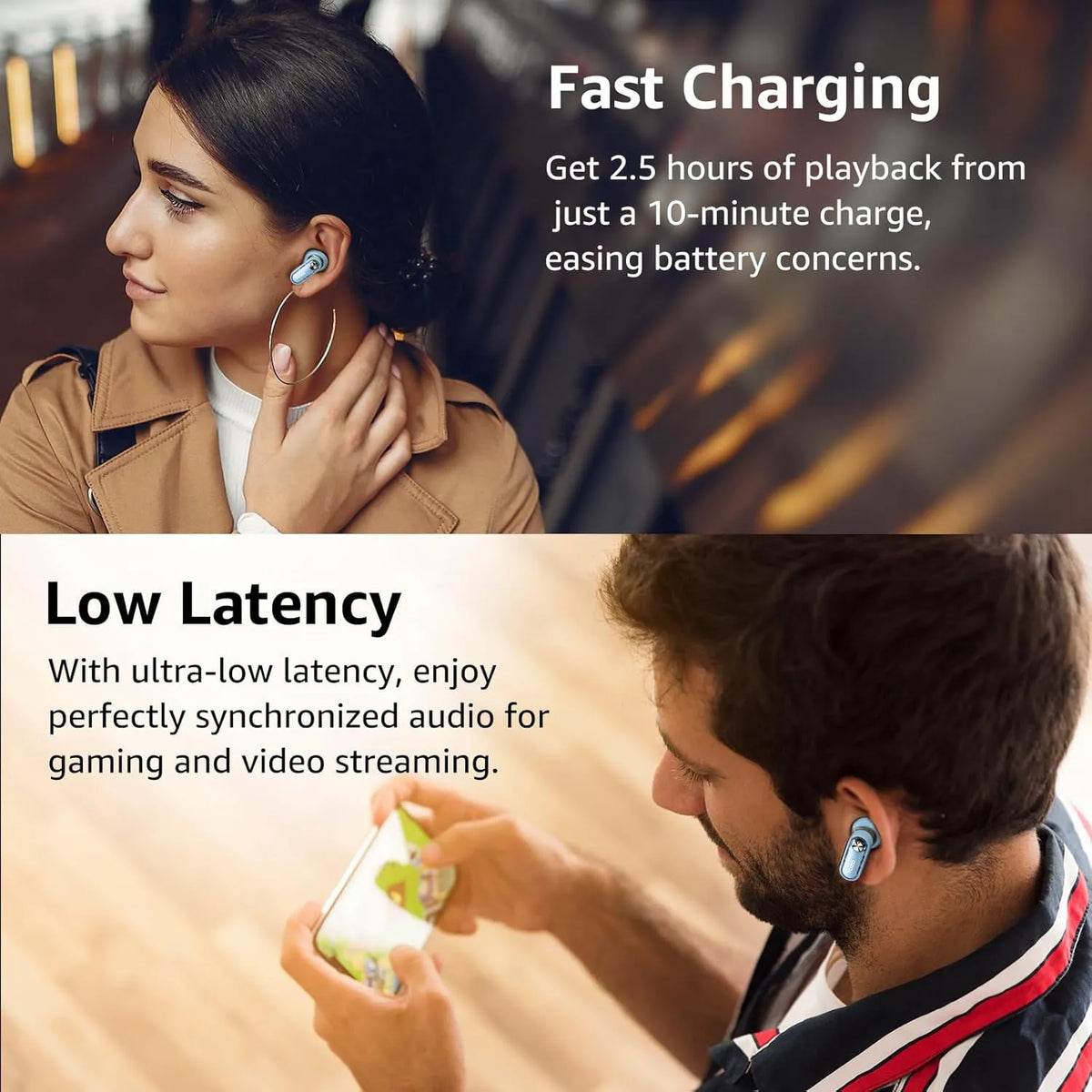 TOZO crystal pods blue fast charging low latency