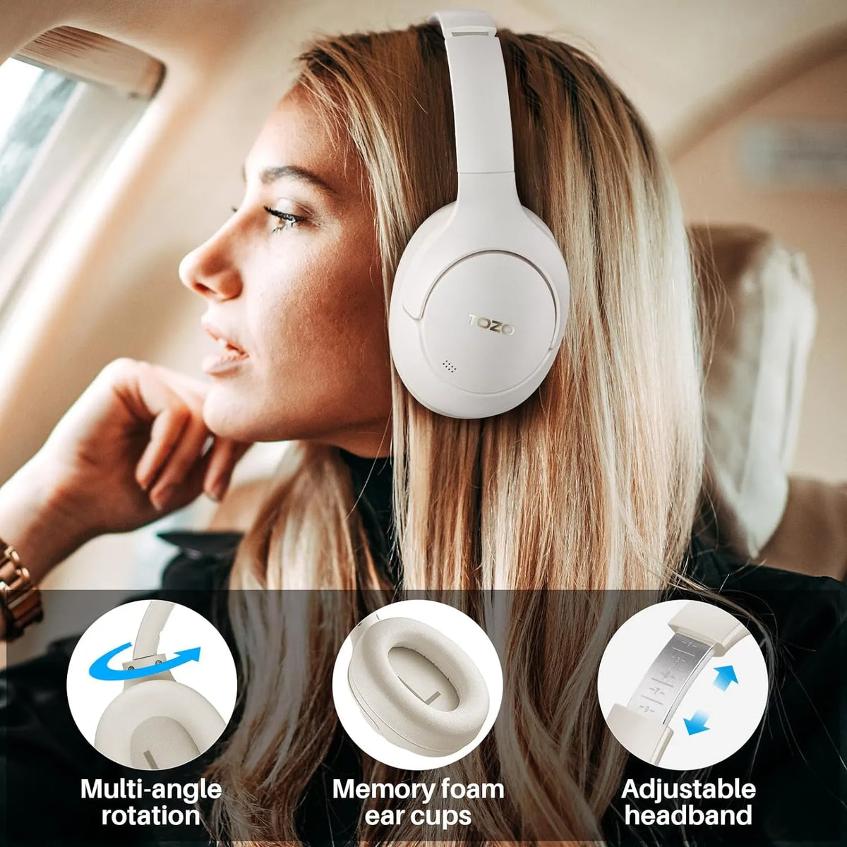 TOZO HT2 Hybrid Active Noise Cancelling Wireless Headphones-White