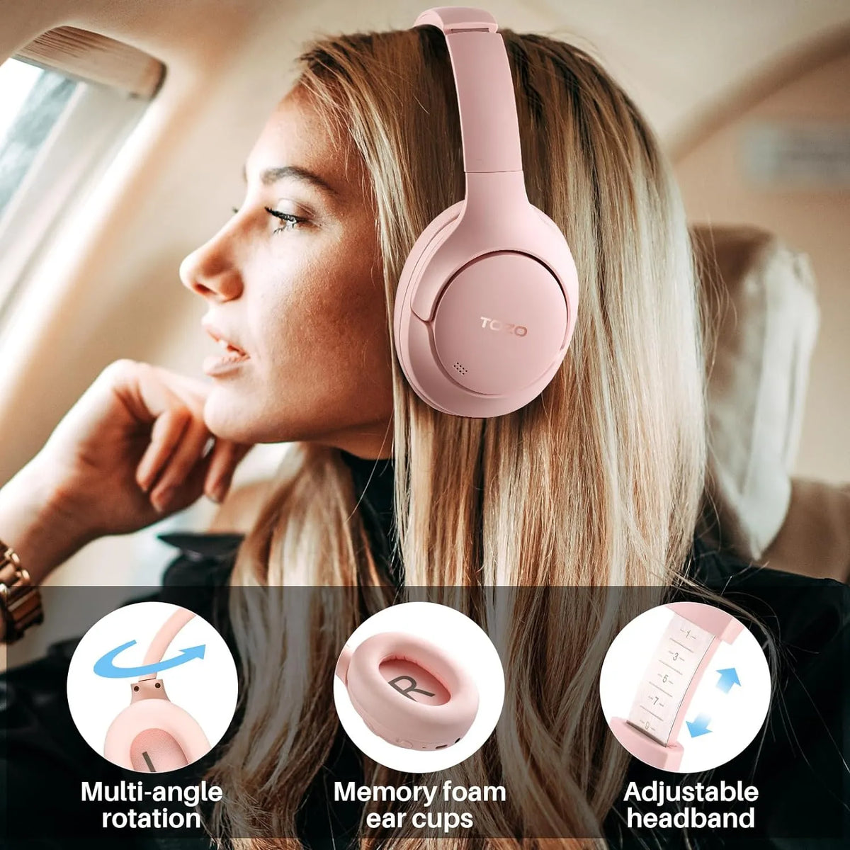 TOZO HT2 Hybrid Active Noise Cancelling Wireless Headphones-Pink