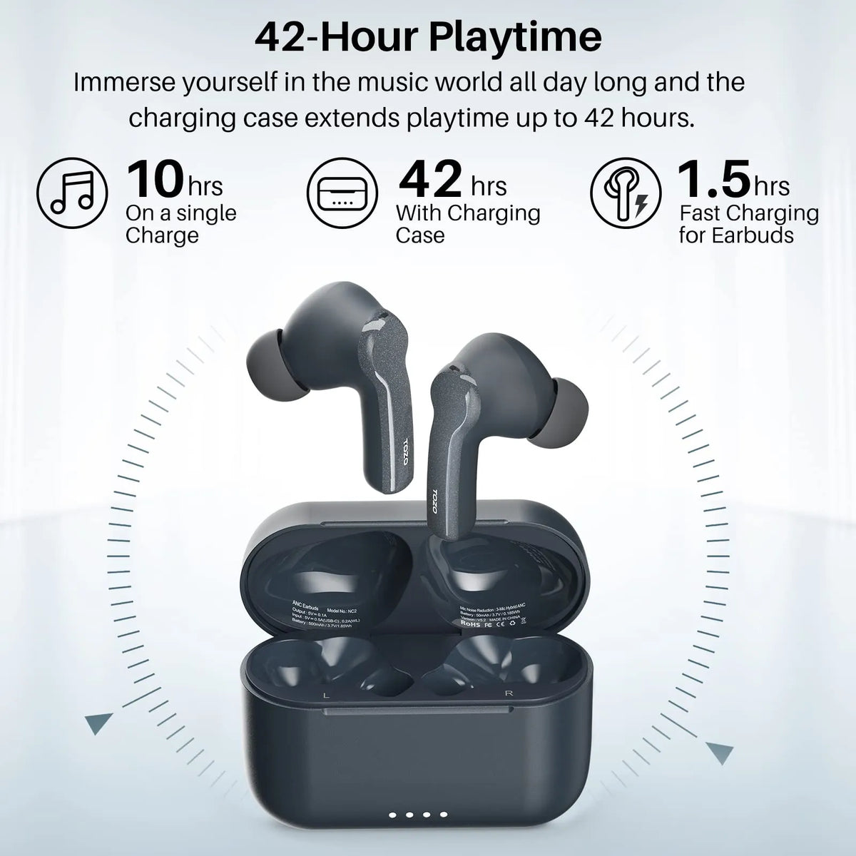 TOZO NC2 Hybrid Active Noise Cancelling Wireless Earbuds