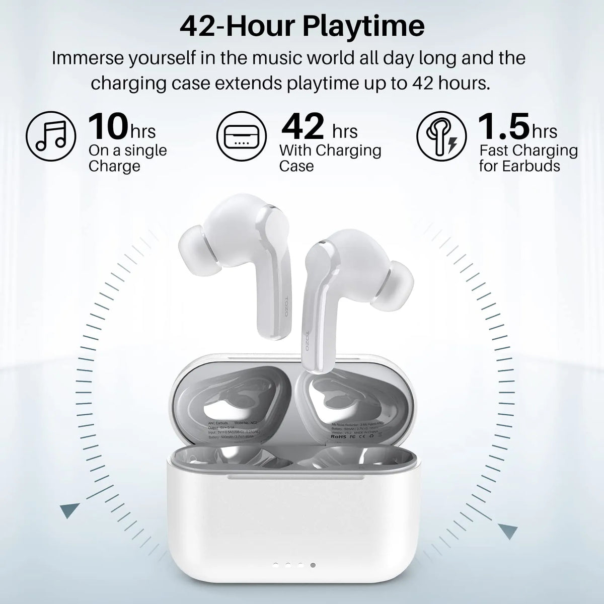 TOZO NC2 Hybrid Active Noise Cancelling Wireless Earbuds