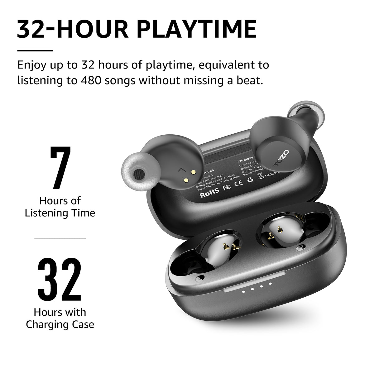 TOZO a1 earbuds black 32 hour playtime