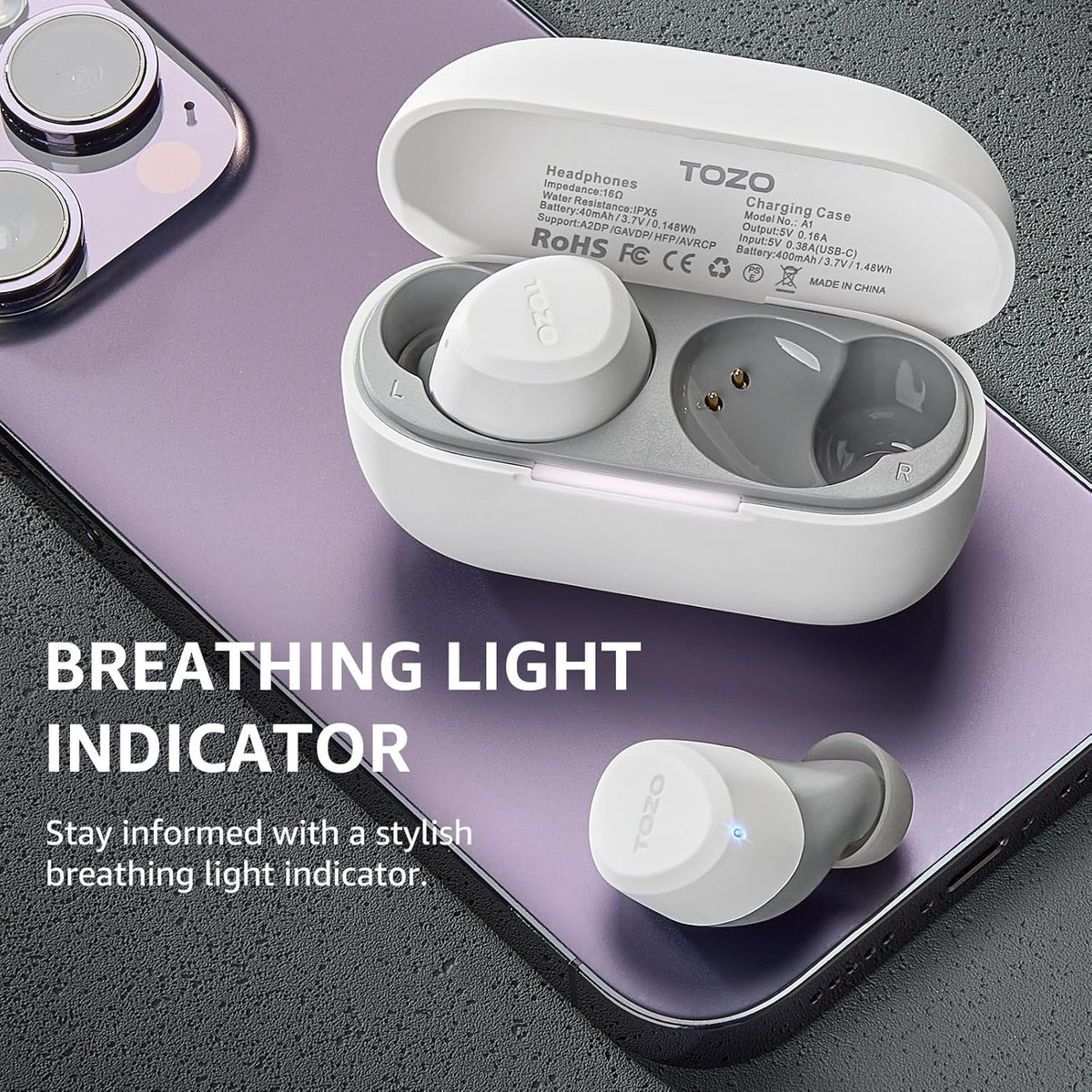 TOZO a1 matte white breathing light indicator