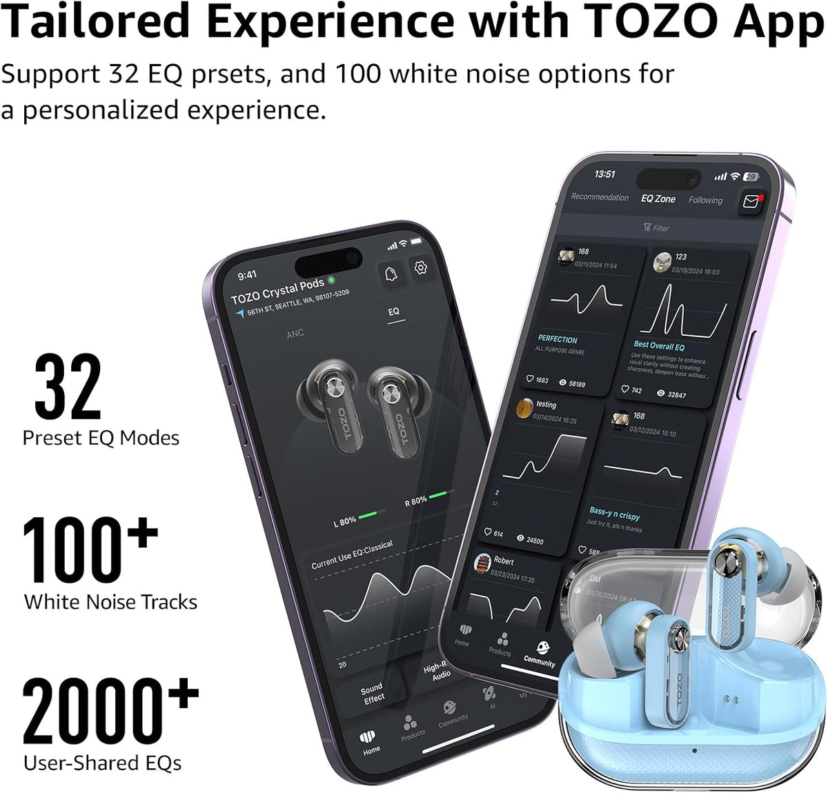 TOZO crystal pod blue tailored experience with tozo app