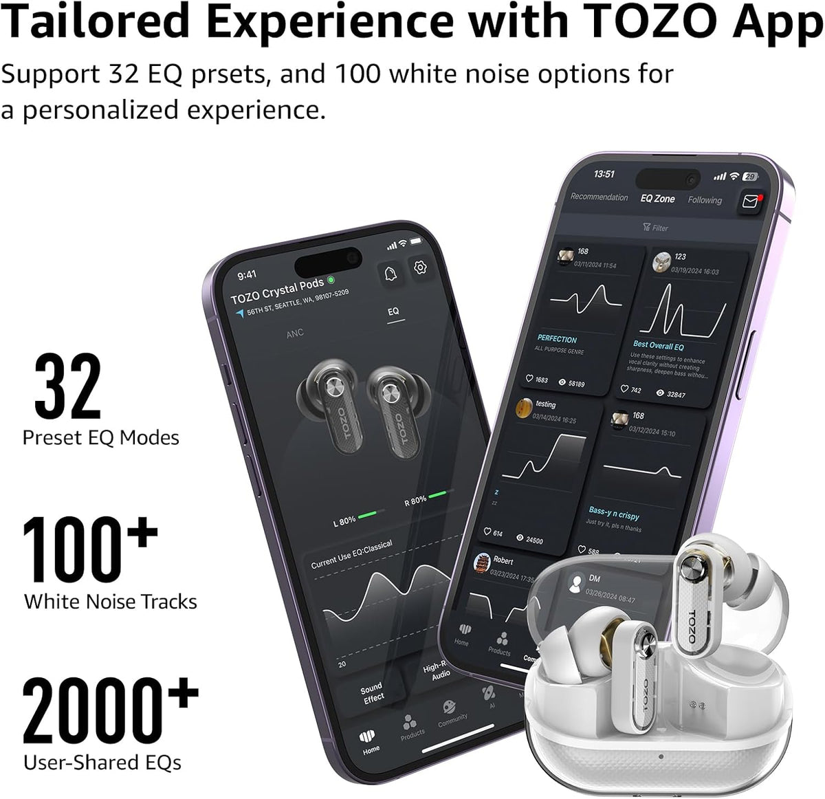 TOZO crystal pods earbuds white app