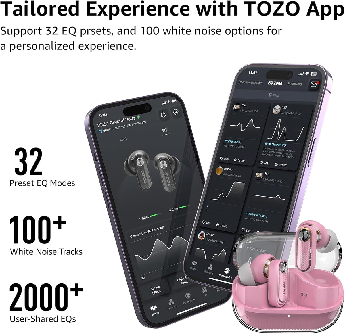 TOZO crystal pods pink tailored experience with tozo app