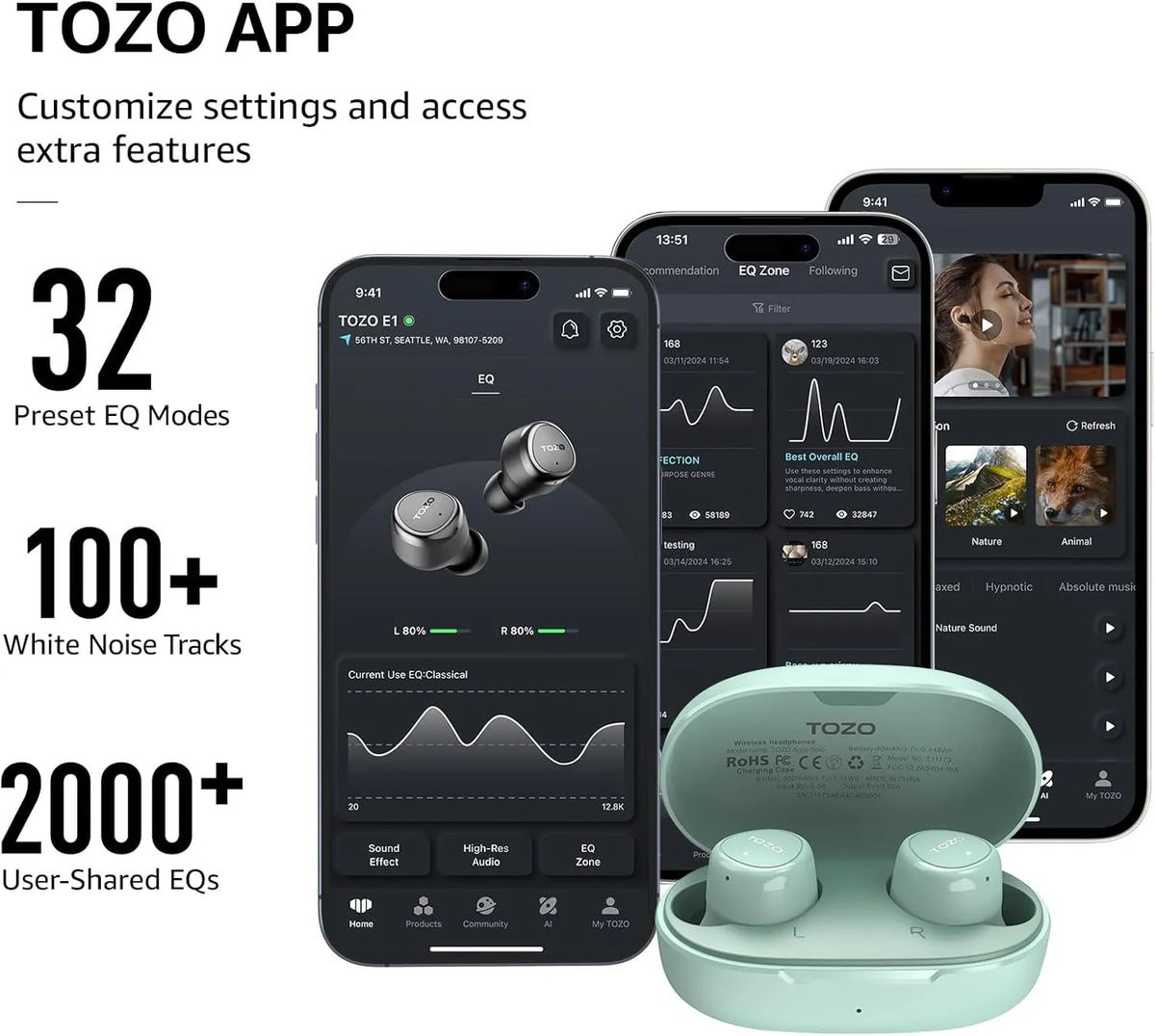 TOZO e1 earbuds green app support