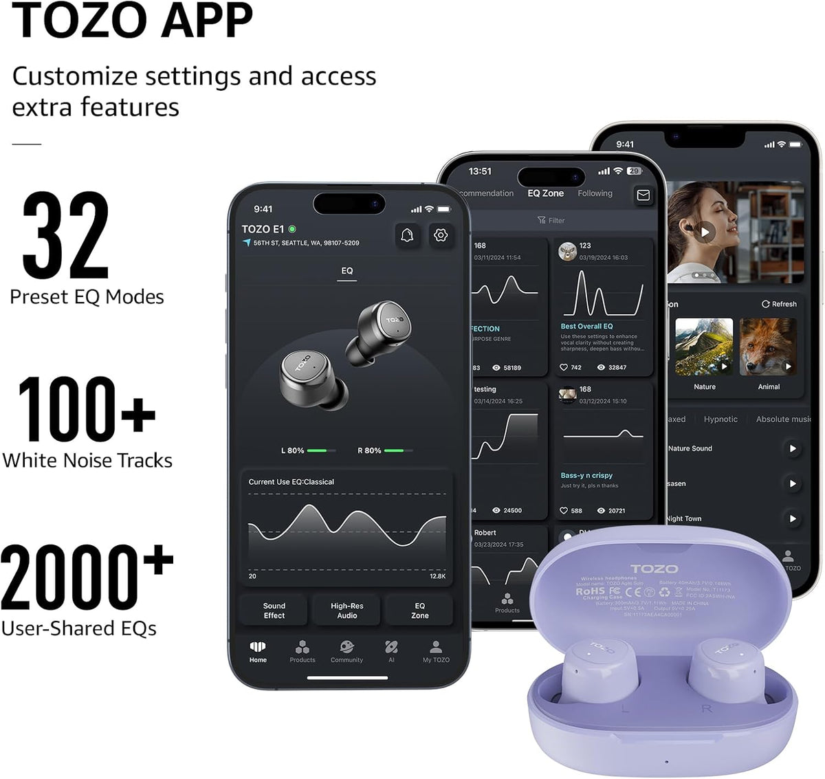 TOZO e1 earbuds purple app support