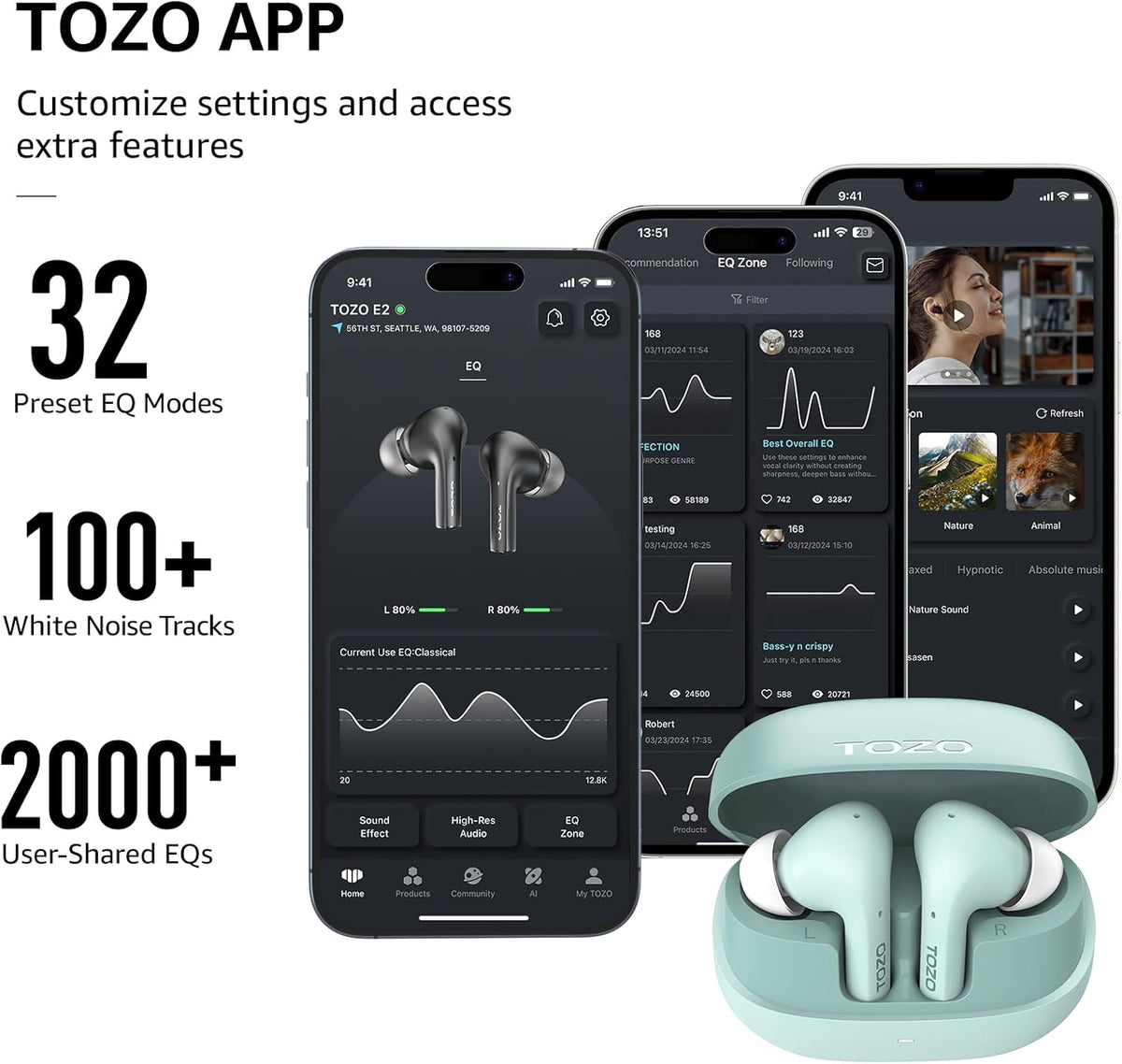 TOZO e2 earbuds green app