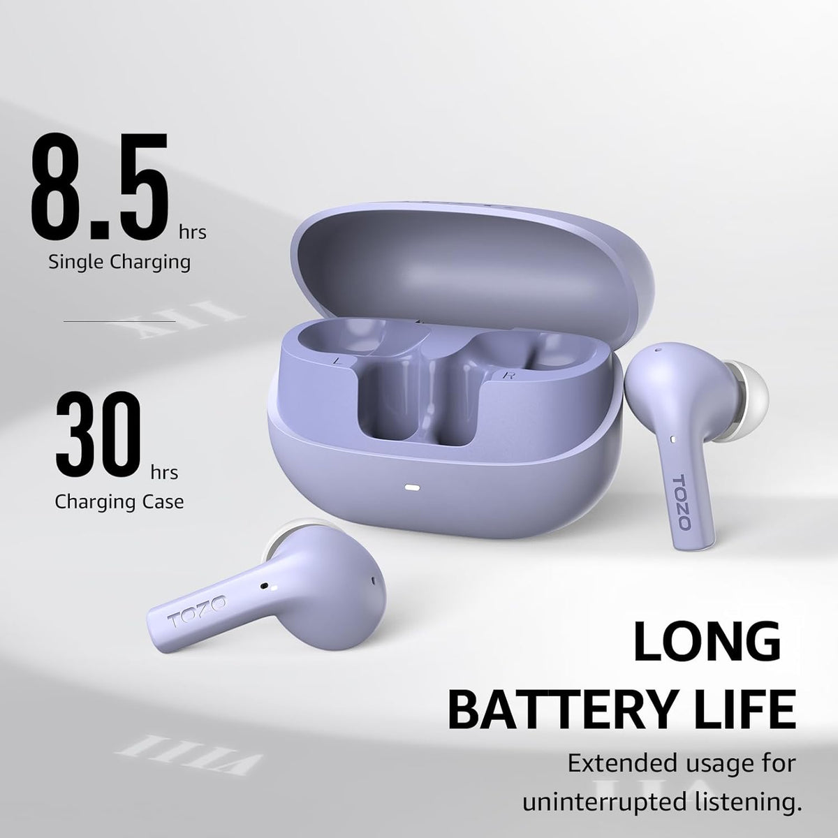 TOZO e2 earbuds purple battery life