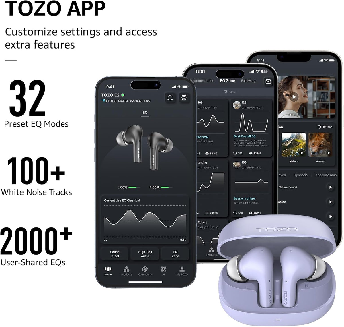 TOZO e2 earbuds purple app