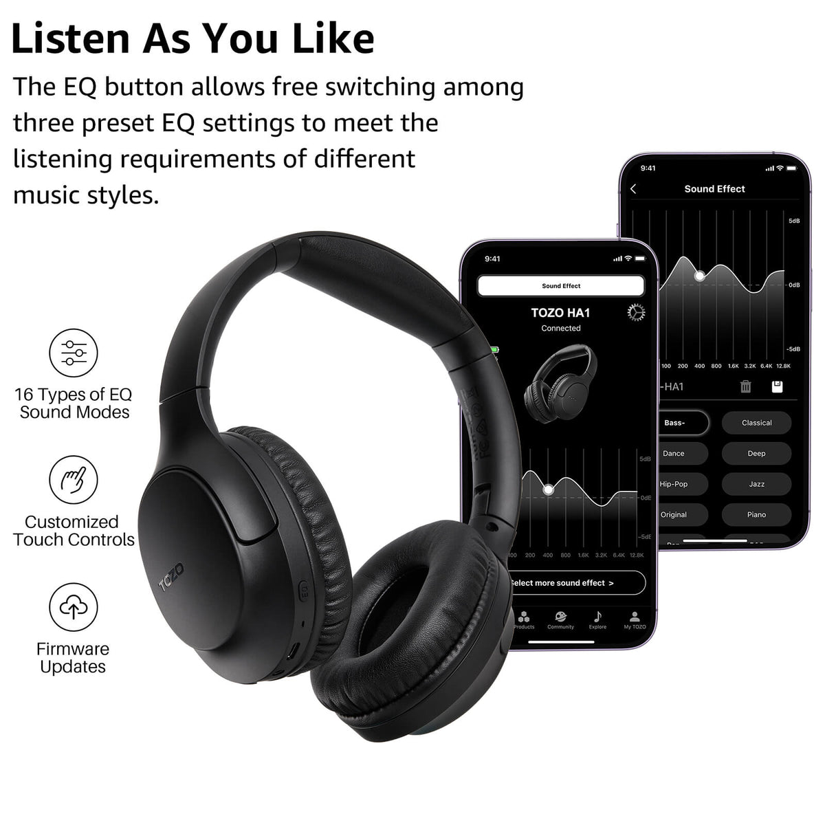 TOZO ha1 headphones black listen as you like