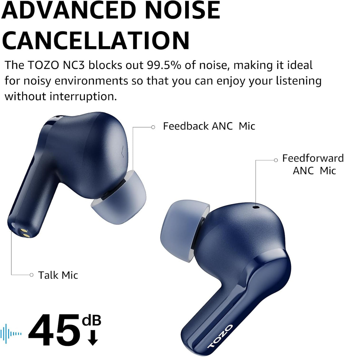 TOZO nc3 earbuds blue advanced noise cancellation