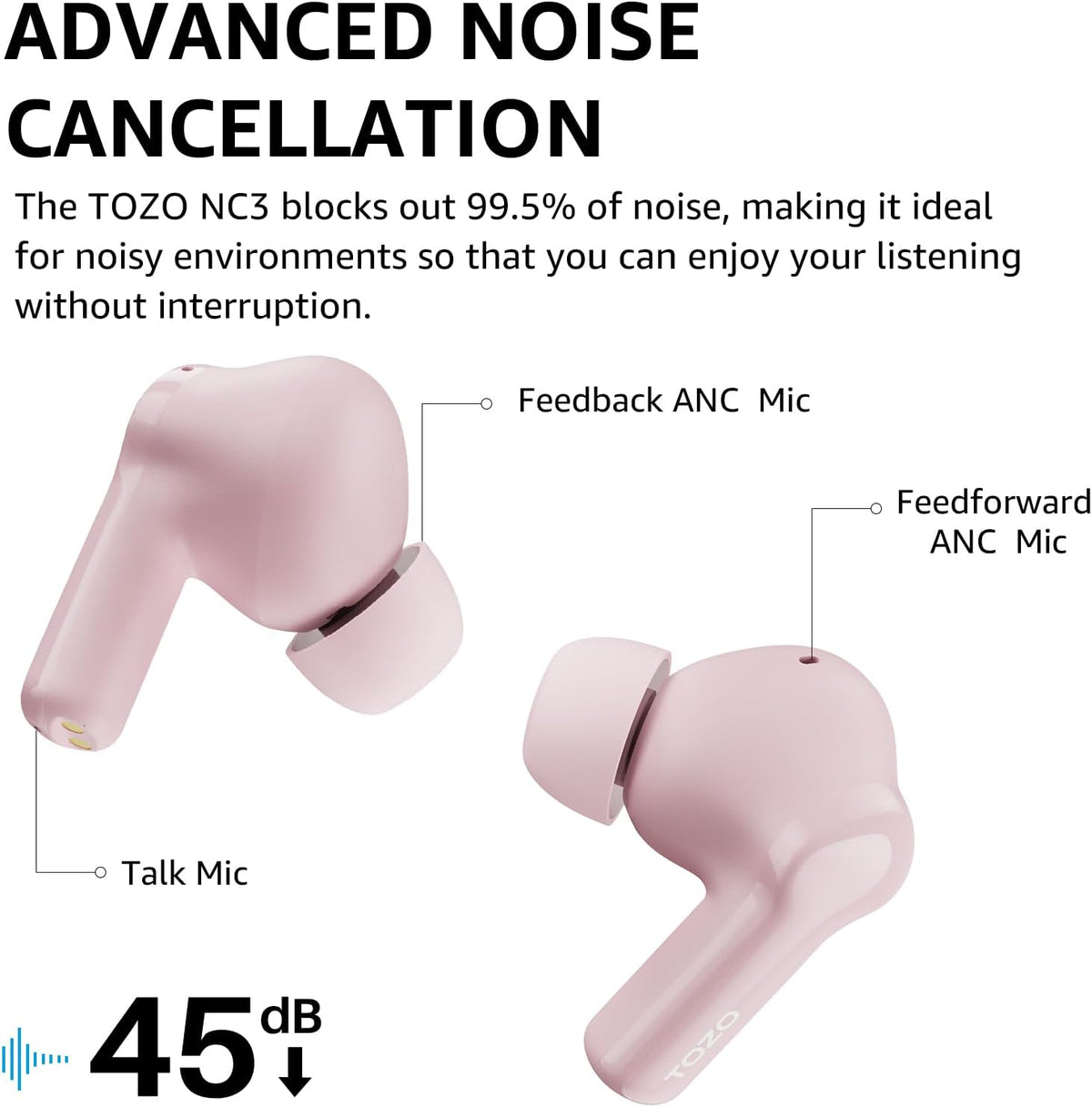 TOZO nc3 earbuds pink advanced noise cancellation