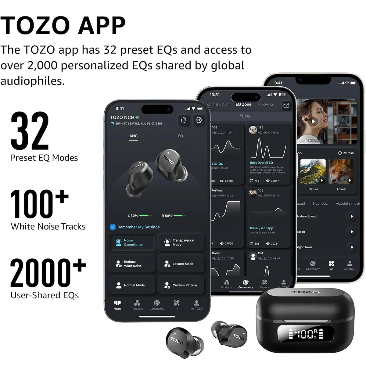 TOZO 2024 Hybrid Active Noise Cancelling Wireless Earbuds