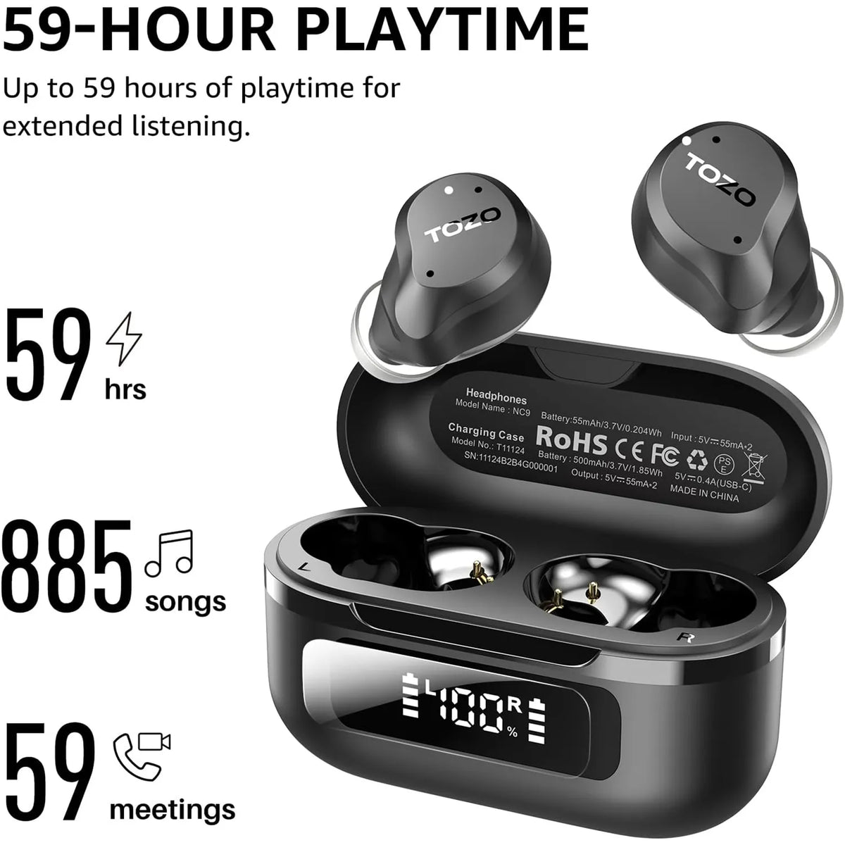 TOZO 2024 Hybrid Active Noise Cancelling Wireless Earbuds