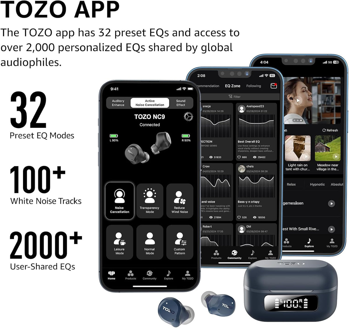 TOZO 2024 Hybrid Active Noise Cancelling Wireless Earbuds