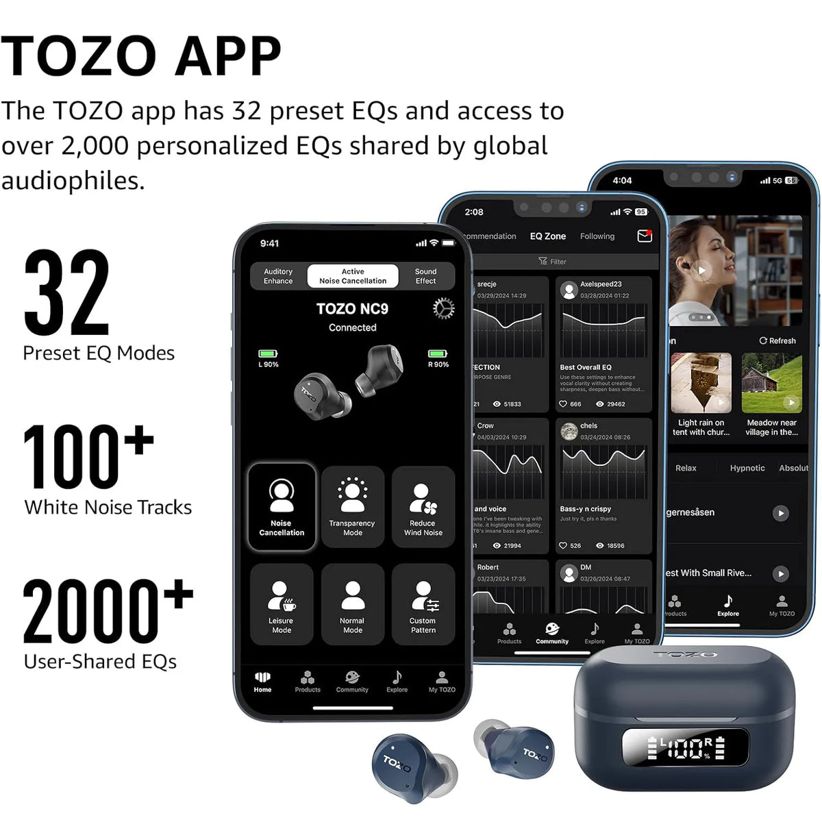 TOZO 2024 Hybrid Active Noise Cancelling Wireless Earbuds