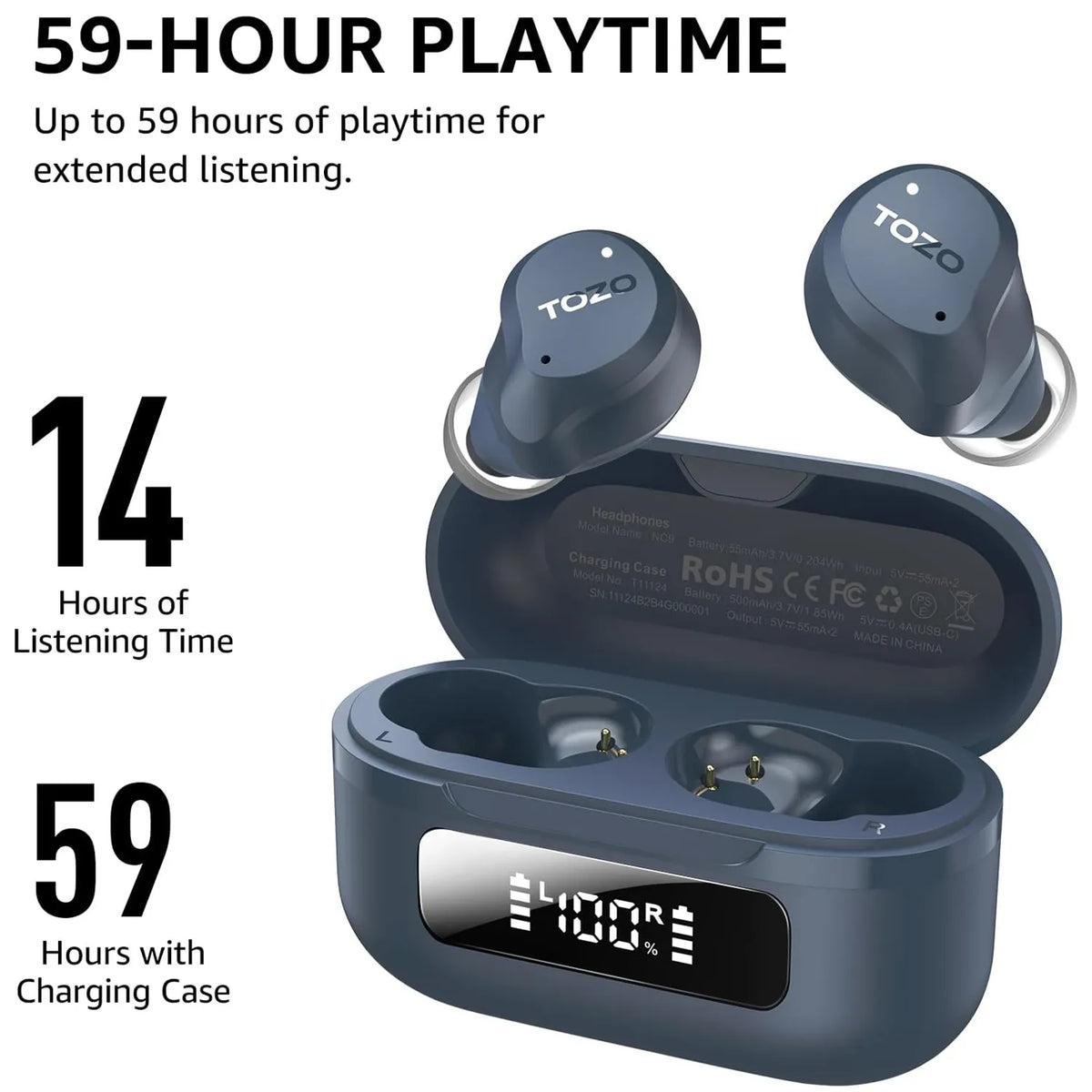 TOZO 2024 Hybrid Active Noise Cancelling Wireless Earbuds