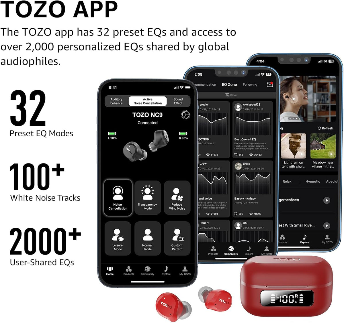 TOZO 2024 Hybrid Active Noise Cancelling Wireless Earbuds