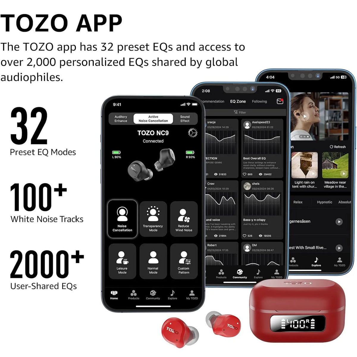 TOZO 2024 Hybrid Active Noise Cancelling Wireless Earbuds